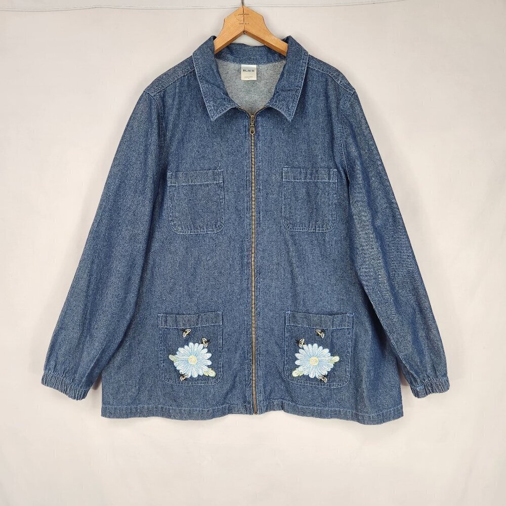 Blair Jacket Denim Woman’s Size Large Embroidered Honeybees Pockets Full Zip